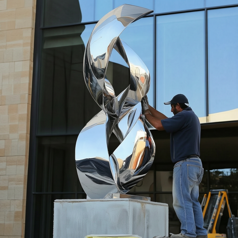man maintaining an outdoor stainless steel sculpture